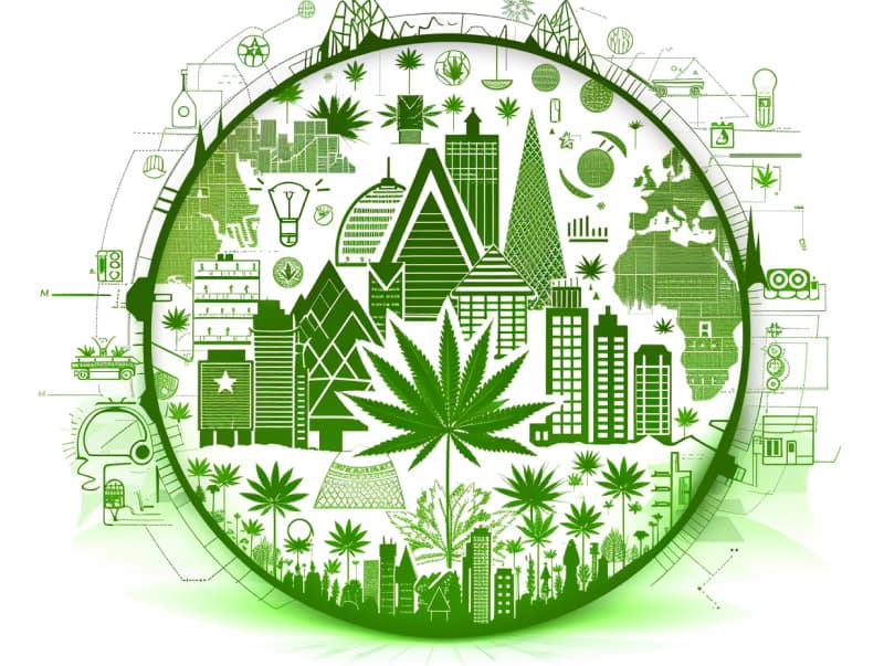 Eine minimalistische, pictografische Darstellung einer Stadt mit Häusern, Menschen und Cannabispflanzen. Es steht für eine Stadt, die dem Cannabisanbau und den Cannabis Social Clubs offen gegenübersteht.