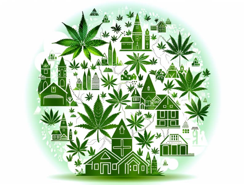 Eine minimalistische, pictografische Darstellung einer Stadt mit Häusern, Menschen und Cannabispflanzen. Es steht für eine Stadt, die dem Cannabisanbau und den Cannabis Social Clubs offen gegenübersteht.