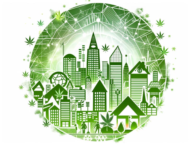 Eine minimalistische, pictografische Darstellung einer Stadt mit Häusern, Menschen und Cannabispflanzen. Es steht für eine Stadt, die dem Cannabisanbau und den Cannabis Social Clubs offen gegenübersteht.