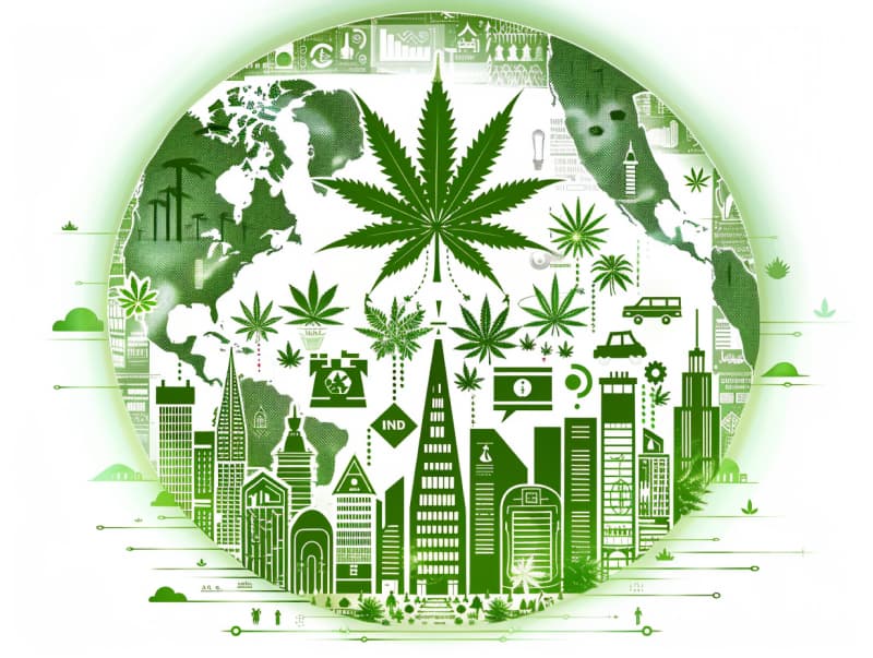 Eine minimalistische, pictografische Darstellung einer Stadt mit Häusern, Menschen und Cannabispflanzen. Es steht für eine Stadt, die dem Cannabisanbau und den Cannabis Social Clubs offen gegenübersteht.