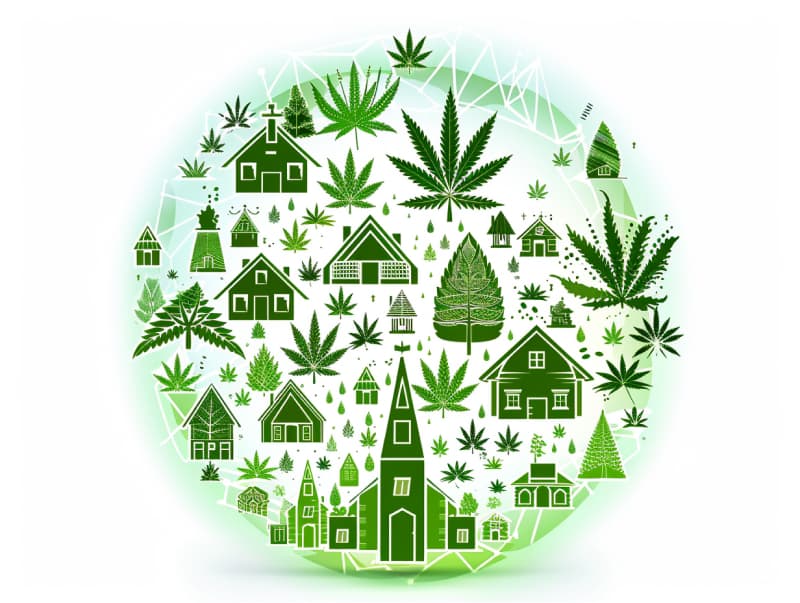 Eine minimalistische, pictografische Darstellung einer Stadt mit Häusern, Menschen und Cannabispflanzen. Es steht für eine Stadt, die dem Cannabisanbau und den Cannabis Social Clubs offen gegenübersteht.
