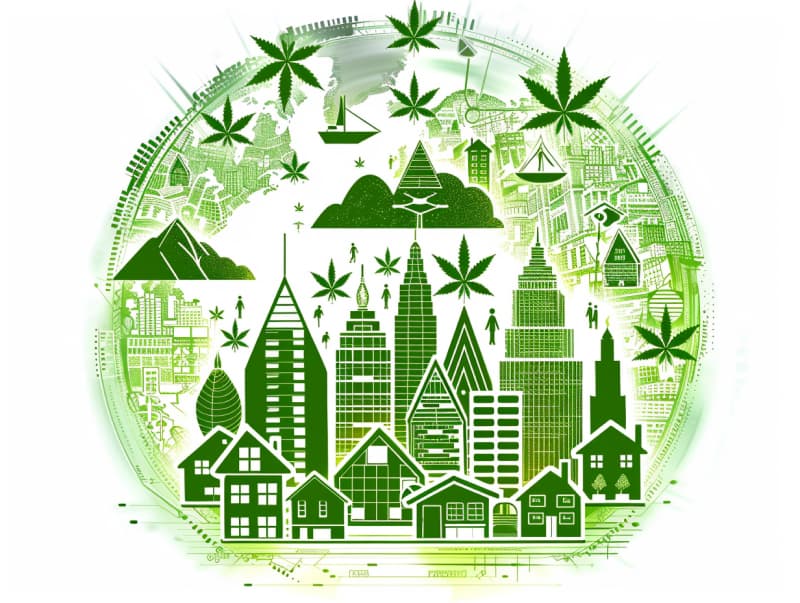 Eine minimalistische, pictografische Darstellung einer Stadt mit Häusern, Menschen und Cannabispflanzen. Es steht für eine Stadt, die dem Cannabisanbau und den Cannabis Social Clubs offen gegenübersteht.