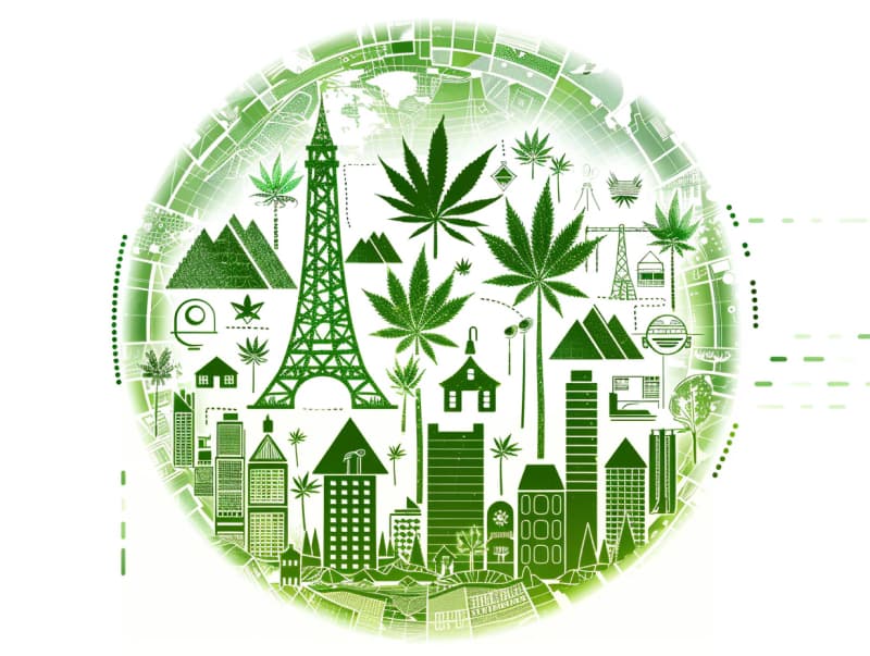 Eine minimalistische, pictografische Darstellung einer Stadt mit Häusern, Menschen und Cannabispflanzen. Es steht für eine Stadt, die dem Cannabisanbau und den Cannabis Social Clubs offen gegenübersteht.