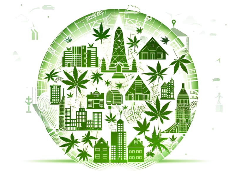 Eine minimalistische, pictografische Darstellung einer Stadt mit Häusern, Menschen und Cannabispflanzen. Es steht für eine Stadt, die dem Cannabisanbau und den Cannabis Social Clubs offen gegenübersteht.