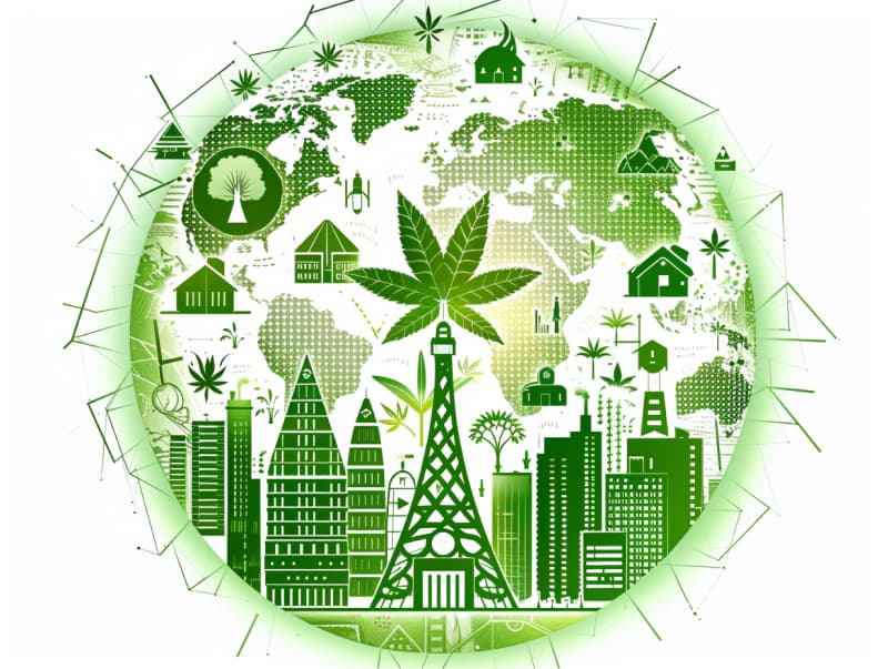 Eine minimalistische, pictografische Darstellung einer Stadt mit Häusern, Menschen und Cannabispflanzen. Es steht für eine Stadt, die dem Cannabisanbau und den Cannabis Social Clubs offen gegenübersteht.