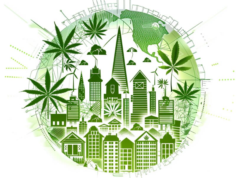 Eine minimalistische, pictografische Darstellung einer Stadt mit Häusern, Menschen und Cannabispflanzen. Es steht für eine Stadt, die dem Cannabisanbau und den Cannabis Social Clubs offen gegenübersteht.