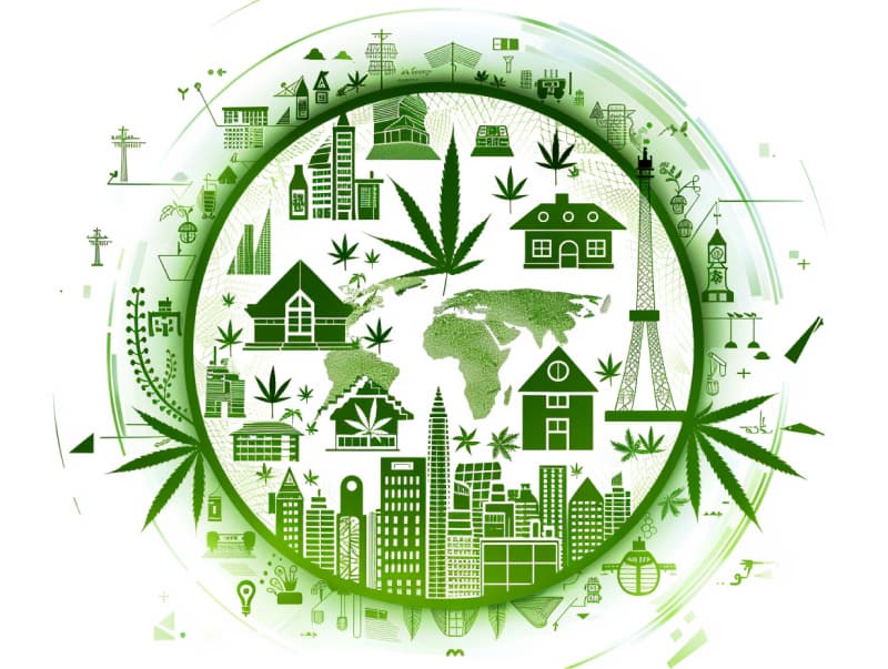 Eine minimalistische, pictografische Darstellung einer Stadt mit Häusern, Menschen und Cannabispflanzen. Es steht für eine Stadt, die dem Cannabisanbau und den Cannabis Social Clubs offen gegenübersteht.