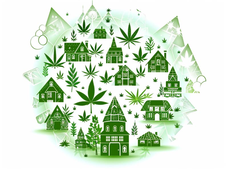 Eine minimalistische, pictografische Darstellung einer Stadt mit Häusern, Menschen und Cannabispflanzen. Es steht für eine Stadt, die dem Cannabisanbau und den Cannabis Social Clubs offen gegenübersteht.