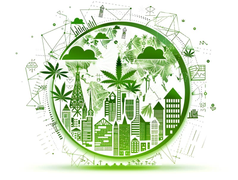Eine minimalistische, pictografische Darstellung einer Stadt mit Häusern, Menschen und Cannabispflanzen. Es steht für eine Stadt, die dem Cannabisanbau und den Cannabis Social Clubs offen gegenübersteht.
