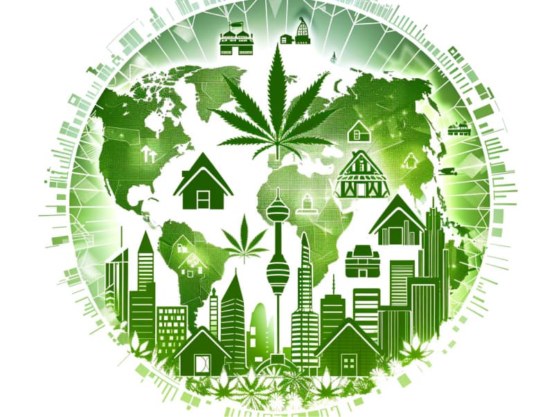 Eine minimalistische, pictografische Darstellung einer Stadt mit Häusern, Menschen und Cannabispflanzen. Es steht für eine Stadt, die dem Cannabisanbau und den Cannabis Social Clubs offen gegenübersteht.