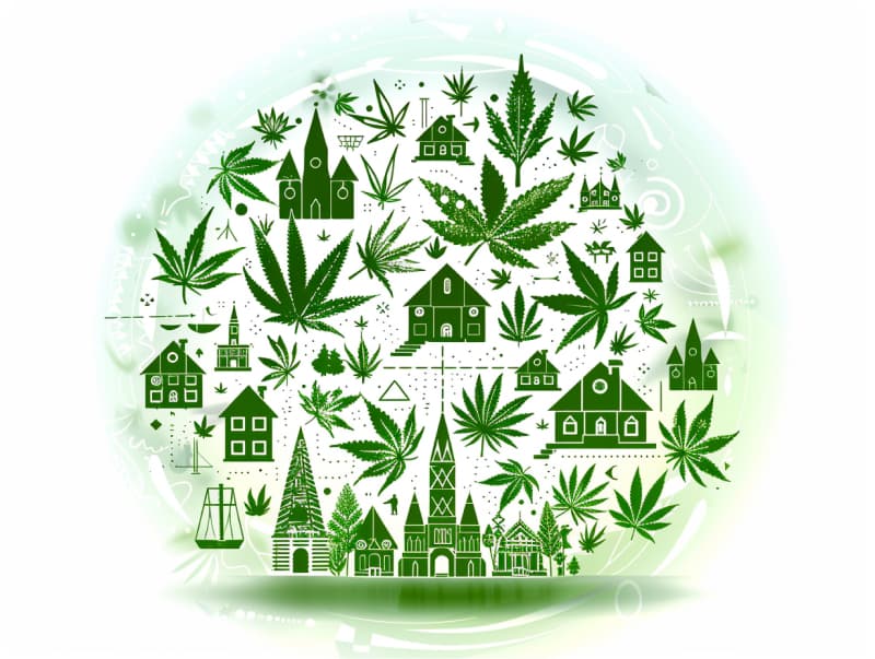 Eine minimalistische, pictografische Darstellung einer Stadt mit Häusern, Menschen und Cannabispflanzen. Es steht für eine Stadt, die dem Cannabisanbau und den Cannabis Social Clubs offen gegenübersteht.