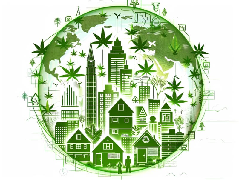 Eine minimalistische, pictografische Darstellung einer Stadt mit Häusern, Menschen und Cannabispflanzen. Es steht für eine Stadt, die dem Cannabisanbau und den Cannabis Social Clubs offen gegenübersteht.