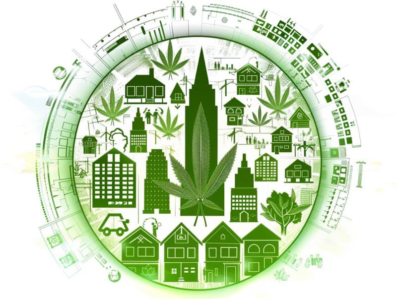 Eine minimalistische, pictografische Darstellung einer Stadt mit Häusern, Menschen und Cannabispflanzen. Es steht für eine Stadt, die dem Cannabisanbau und den Cannabis Social Clubs offen gegenübersteht.