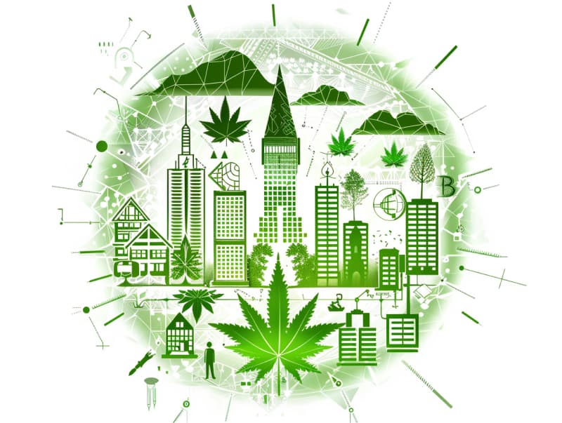 Eine minimalistische, pictografische Darstellung einer Stadt mit Häusern, Menschen und Cannabispflanzen. Es steht für eine Stadt, die dem Cannabisanbau und den Cannabis Social Clubs offen gegenübersteht.