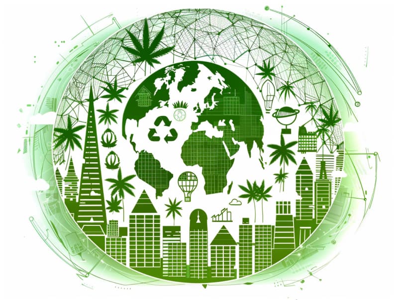 Eine minimalistische, pictografische Darstellung einer Stadt mit Häusern, Menschen und Cannabispflanzen. Es steht für eine Stadt, die dem Cannabisanbau und den Cannabis Social Clubs offen gegenübersteht.