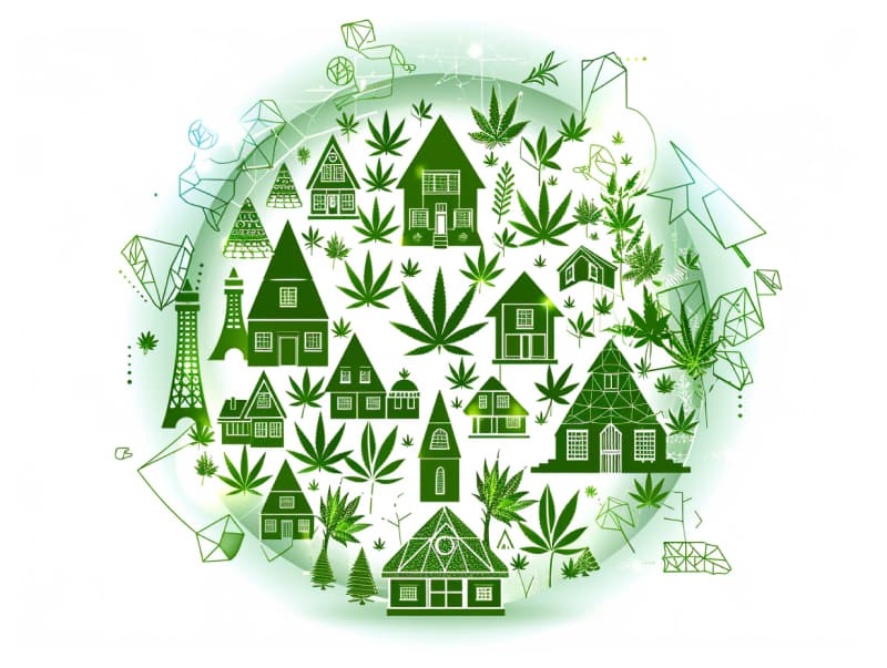 Eine minimalistische, pictografische Darstellung einer Stadt mit Häusern, Menschen und Cannabispflanzen. Es steht für eine Stadt, die dem Cannabisanbau und den Cannabis Social Clubs offen gegenübersteht.