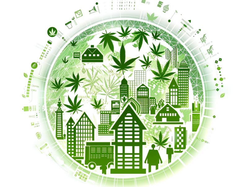 Eine minimalistische, pictografische Darstellung einer Stadt mit Häusern, Menschen und Cannabispflanzen. Es steht für eine Stadt, die dem Cannabisanbau und den Cannabis Social Clubs offen gegenübersteht.