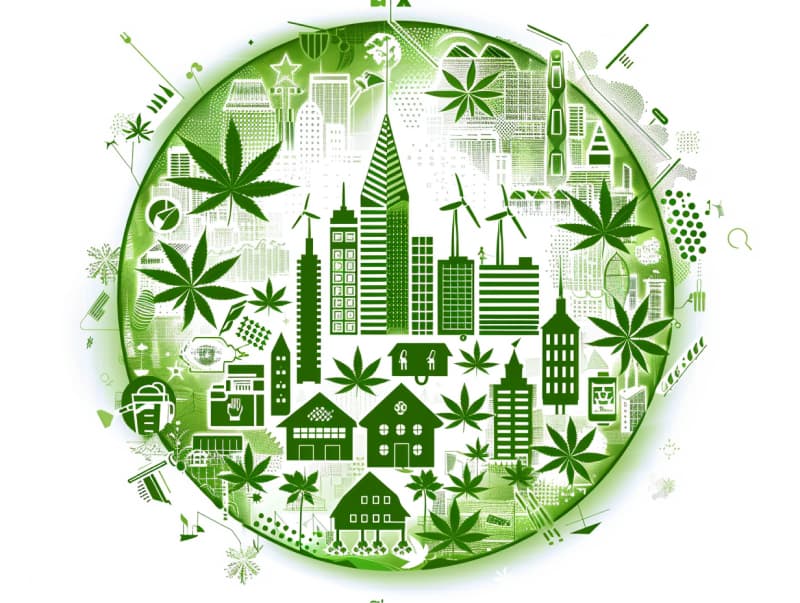 Eine minimalistische, pictografische Darstellung einer Stadt mit Häusern, Menschen und Cannabispflanzen. Es steht für eine Stadt, die dem Cannabisanbau und den Cannabis Social Clubs offen gegenübersteht.