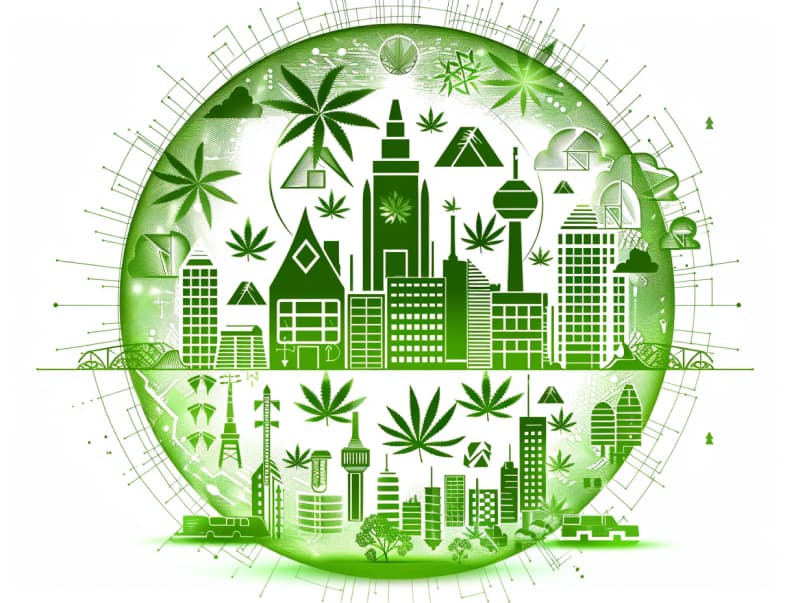 Eine minimalistische, pictografische Darstellung einer Stadt mit Häusern, Menschen und Cannabispflanzen. Es steht für eine Stadt, die dem Cannabisanbau und den Cannabis Social Clubs offen gegenübersteht.