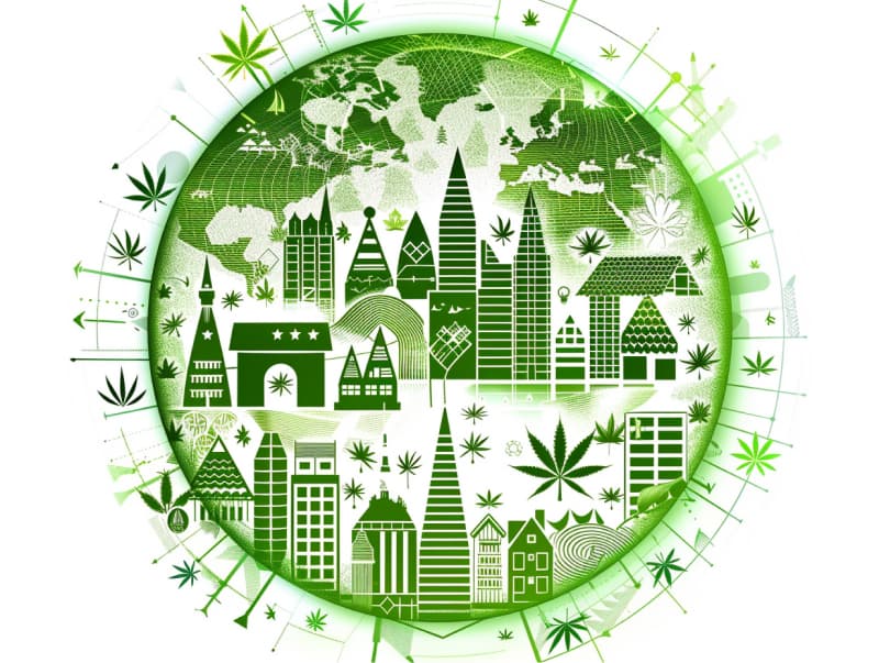 Eine minimalistische, pictografische Darstellung einer Stadt mit Häusern, Menschen und Cannabispflanzen. Es steht für eine Stadt, die dem Cannabisanbau und den Cannabis Social Clubs offen gegenübersteht.