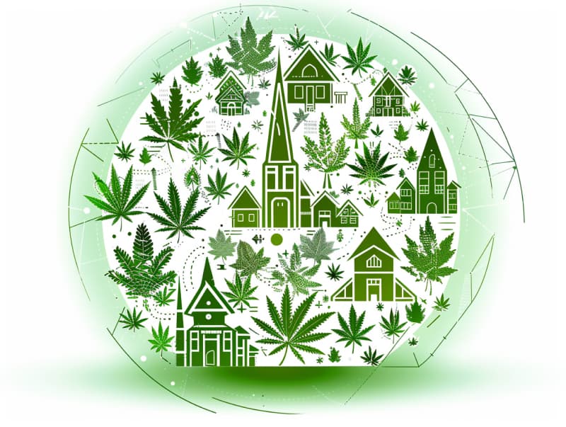 Eine minimalistische, pictografische Darstellung einer Stadt mit Häusern, Menschen und Cannabispflanzen. Es steht für eine Stadt, die dem Cannabisanbau und den Cannabis Social Clubs offen gegenübersteht.