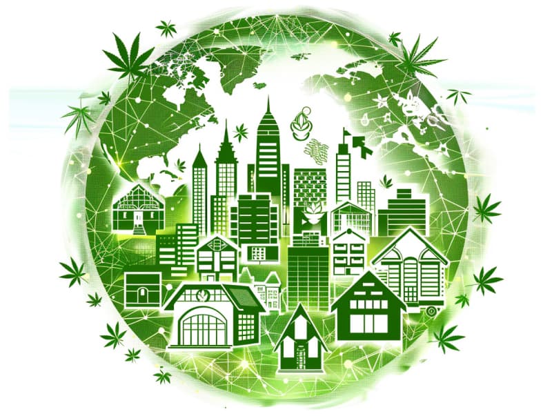 Eine minimalistische, pictografische Darstellung einer Stadt mit Häusern, Menschen und Cannabispflanzen. Es steht für eine Stadt, die dem Cannabisanbau und den Cannabis Social Clubs offen gegenübersteht.
