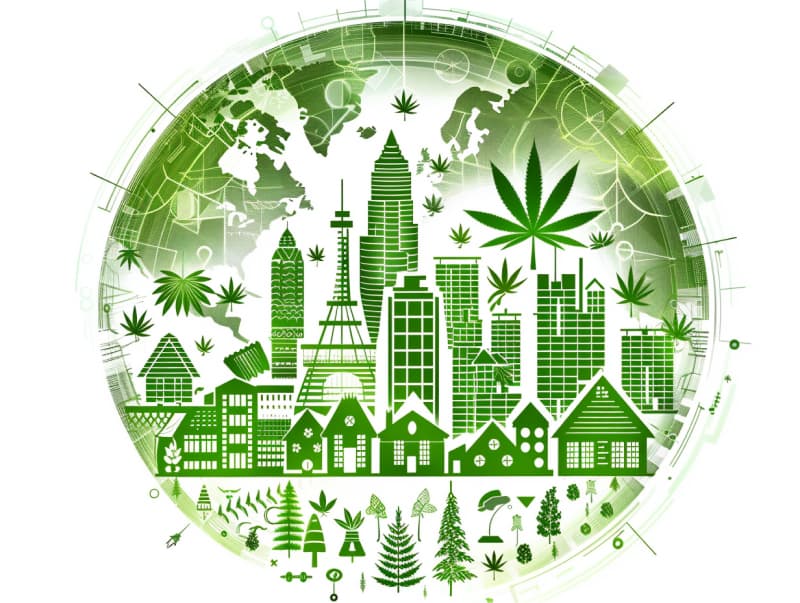 Eine minimalistische, pictografische Darstellung einer Stadt mit Häusern, Menschen und Cannabispflanzen. Es steht für eine Stadt, die dem Cannabisanbau und den Cannabis Social Clubs offen gegenübersteht.