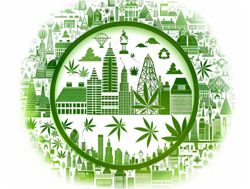 Eine minimalistische, pictografische Darstellung einer Stadt mit Häusern, Menschen und Cannabispflanzen. Es steht für eine Stadt, die dem Cannabisanbau und den Cannabis Social Clubs offen gegenübersteht.