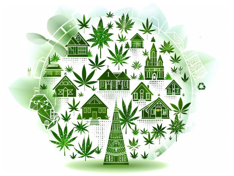 Eine minimalistische, pictografische Darstellung einer Stadt mit Häusern, Menschen und Cannabispflanzen. Es steht für eine Stadt, die dem Cannabisanbau und den Cannabis Social Clubs offen gegenübersteht.