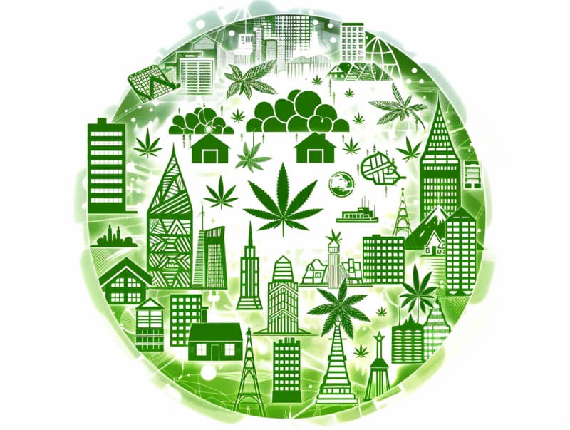 Eine minimalistische, pictografische Darstellung einer Stadt mit Häusern, Menschen und Cannabispflanzen. Es steht für eine Stadt, die dem Cannabisanbau und den Cannabis Social Clubs offen gegenübersteht.