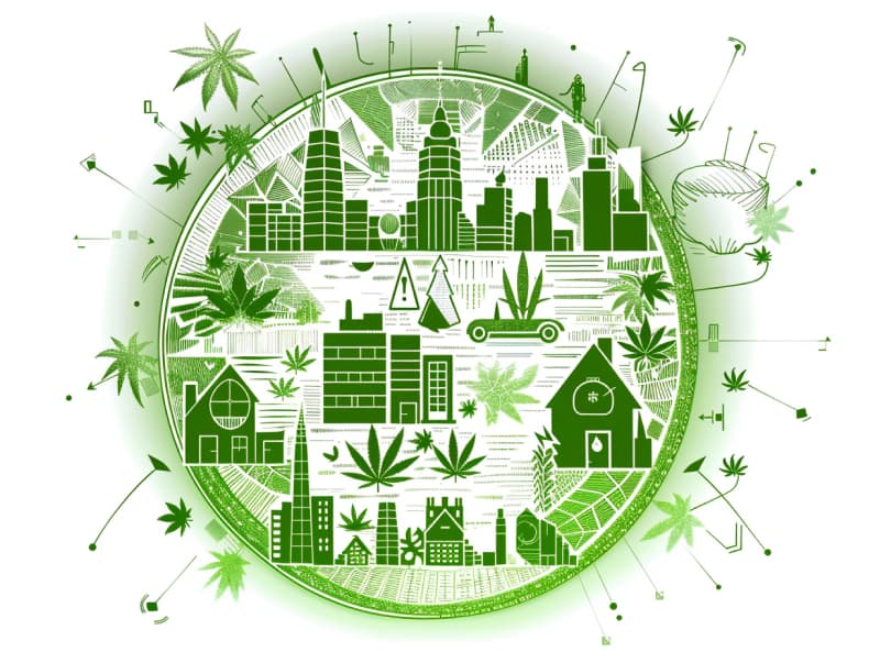 Eine minimalistische, pictografische Darstellung einer Stadt mit Häusern, Menschen und Cannabispflanzen. Es steht für eine Stadt, die dem Cannabisanbau und den Cannabis Social Clubs offen gegenübersteht.