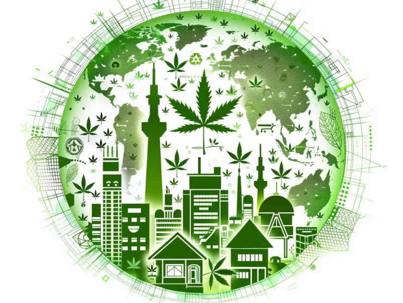 Eine minimalistische, pictografische Darstellung einer Stadt mit Häusern, Menschen und Cannabispflanzen. Es steht für eine Stadt, die dem Cannabisanbau und den Cannabis Social Clubs offen gegenübersteht.