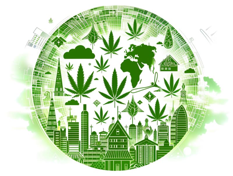 Eine minimalistische, pictografische Darstellung einer Stadt mit Häusern, Menschen und Cannabispflanzen. Es steht für eine Stadt, die dem Cannabisanbau und den Cannabis Social Clubs offen gegenübersteht.