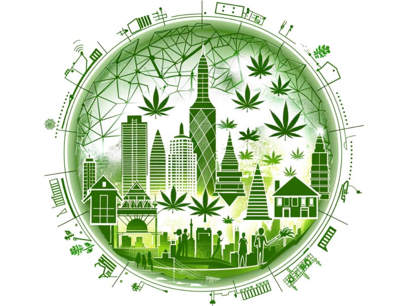 Eine minimalistische, pictografische Darstellung einer Stadt mit Häusern, Menschen und Cannabispflanzen. Es steht für eine Stadt, die dem Cannabisanbau und den Cannabis Social Clubs offen gegenübersteht.