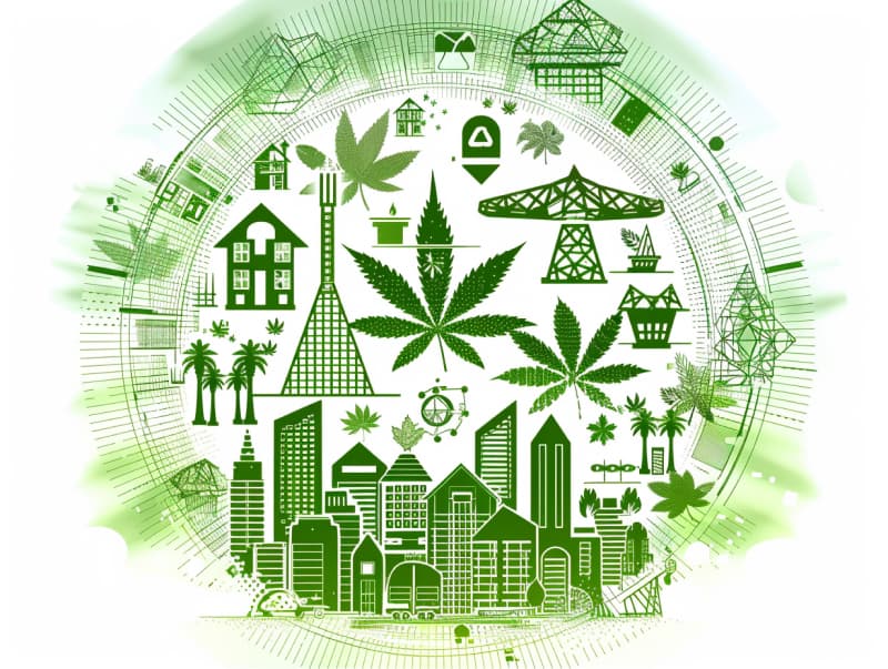 Eine minimalistische, pictografische Darstellung einer Stadt mit Häusern, Menschen und Cannabispflanzen. Es steht für eine Stadt, die dem Cannabisanbau und den Cannabis Social Clubs offen gegenübersteht.