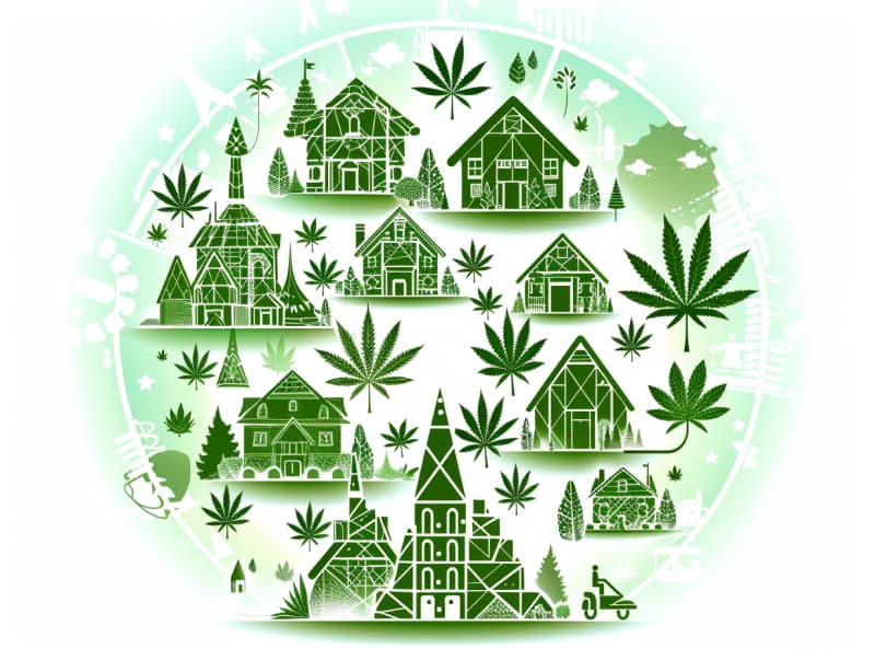 Eine minimalistische, pictografische Darstellung einer Stadt mit Häusern, Menschen und Cannabispflanzen. Es steht für eine Stadt, die dem Cannabisanbau und den Cannabis Social Clubs offen gegenübersteht.