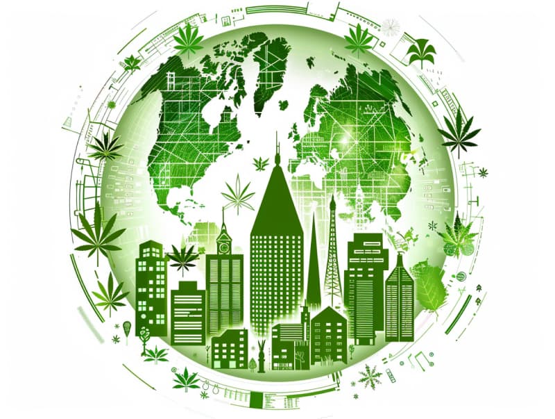 Eine minimalistische, pictografische Darstellung einer Stadt mit Häusern, Menschen und Cannabispflanzen. Es steht für eine Stadt, die dem Cannabisanbau und den Cannabis Social Clubs offen gegenübersteht.