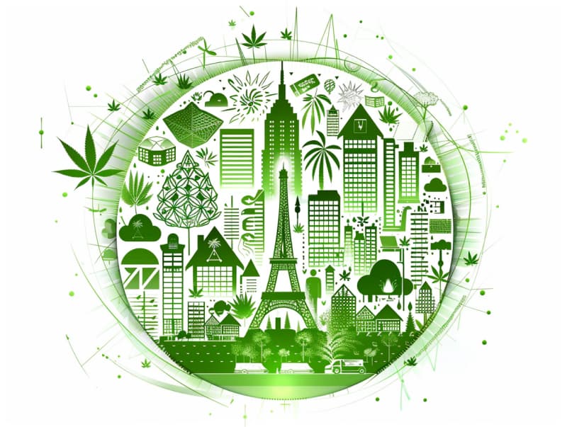 Eine minimalistische, pictografische Darstellung einer Stadt mit Häusern, Menschen und Cannabispflanzen. Es steht für eine Stadt, die dem Cannabisanbau und den Cannabis Social Clubs offen gegenübersteht.