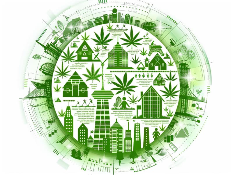 Eine minimalistische, pictografische Darstellung einer Stadt mit Häusern, Menschen und Cannabispflanzen. Es steht für eine Stadt, die dem Cannabisanbau und den Cannabis Social Clubs offen gegenübersteht.