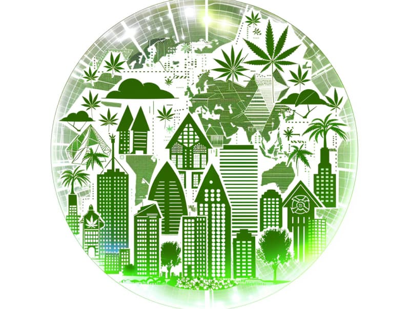 Eine minimalistische, pictografische Darstellung einer Stadt mit Häusern, Menschen und Cannabispflanzen. Es steht für eine Stadt, die dem Cannabisanbau und den Cannabis Social Clubs offen gegenübersteht.