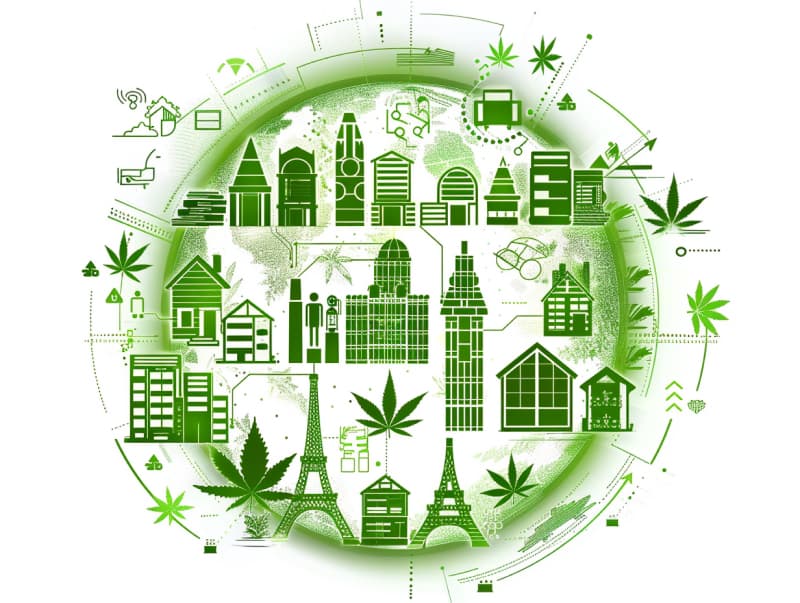 Eine minimalistische, pictografische Darstellung einer Stadt mit Häusern, Menschen und Cannabispflanzen. Es steht für eine Stadt, die dem Cannabisanbau und den Cannabis Social Clubs offen gegenübersteht.