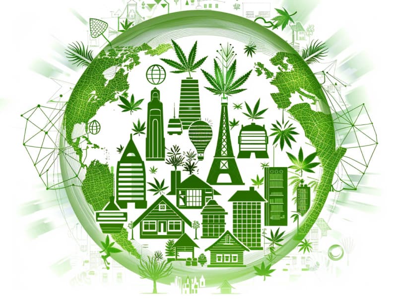 Eine minimalistische, pictografische Darstellung einer Stadt mit Häusern, Menschen und Cannabispflanzen. Es steht für eine Stadt, die dem Cannabisanbau und den Cannabis Social Clubs offen gegenübersteht.