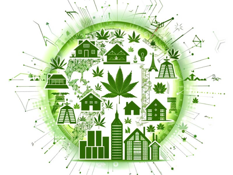 Eine minimalistische, pictografische Darstellung einer Stadt mit Häusern, Menschen und Cannabispflanzen. Es steht für eine Stadt, die dem Cannabisanbau und den Cannabis Social Clubs offen gegenübersteht.