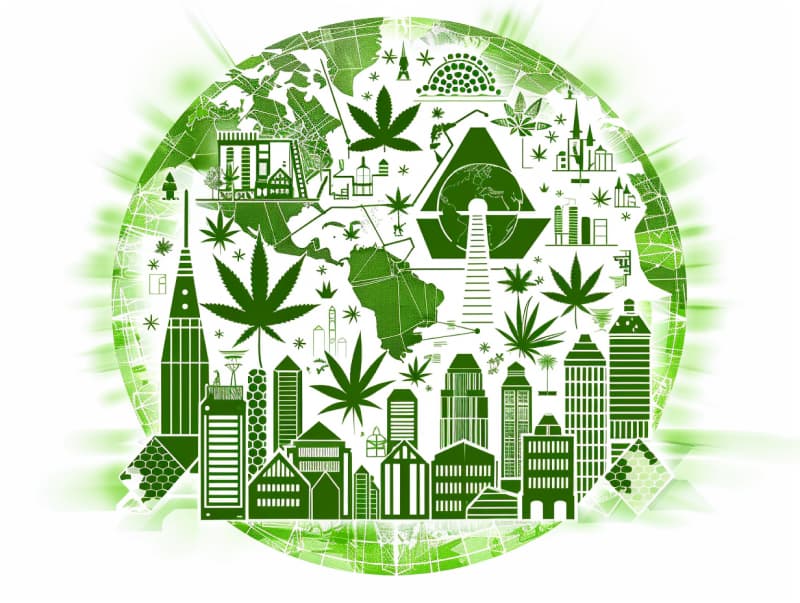 Eine minimalistische, pictografische Darstellung einer Stadt mit Häusern, Menschen und Cannabispflanzen. Es steht für eine Stadt, die dem Cannabisanbau und den Cannabis Social Clubs offen gegenübersteht.