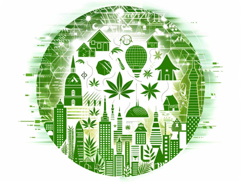 Eine minimalistische, pictografische Darstellung einer Stadt mit Häusern, Menschen und Cannabispflanzen. Es steht für eine Stadt, die dem Cannabisanbau und den Cannabis Social Clubs offen gegenübersteht.