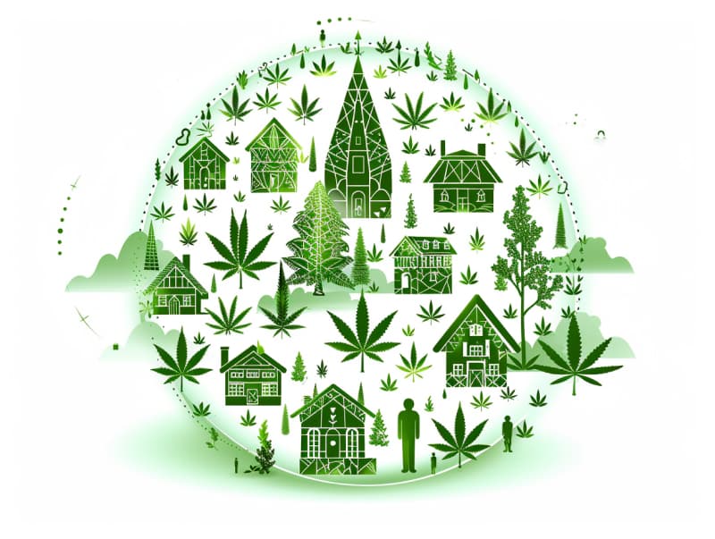 Eine minimalistische, pictografische Darstellung einer Stadt mit Häusern, Menschen und Cannabispflanzen. Es steht für eine Stadt, die dem Cannabisanbau und den Cannabis Social Clubs offen gegenübersteht.