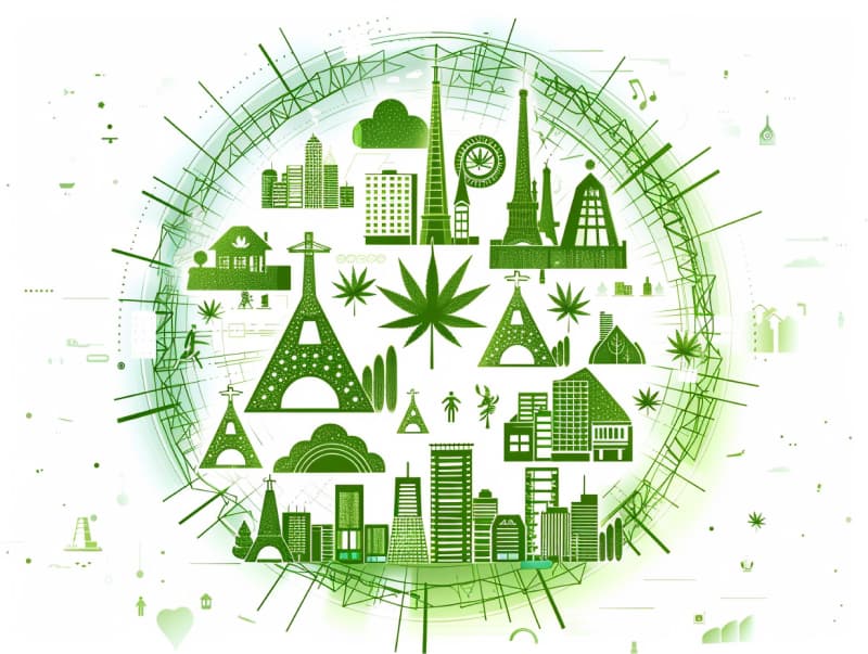 Eine minimalistische, pictografische Darstellung einer Stadt mit Häusern, Menschen und Cannabispflanzen. Es steht für eine Stadt, die dem Cannabisanbau und den Cannabis Social Clubs offen gegenübersteht.