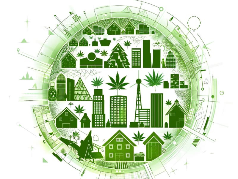 Eine minimalistische, pictografische Darstellung einer Stadt mit Häusern, Menschen und Cannabispflanzen. Es steht für eine Stadt, die dem Cannabisanbau und den Cannabis Social Clubs offen gegenübersteht.