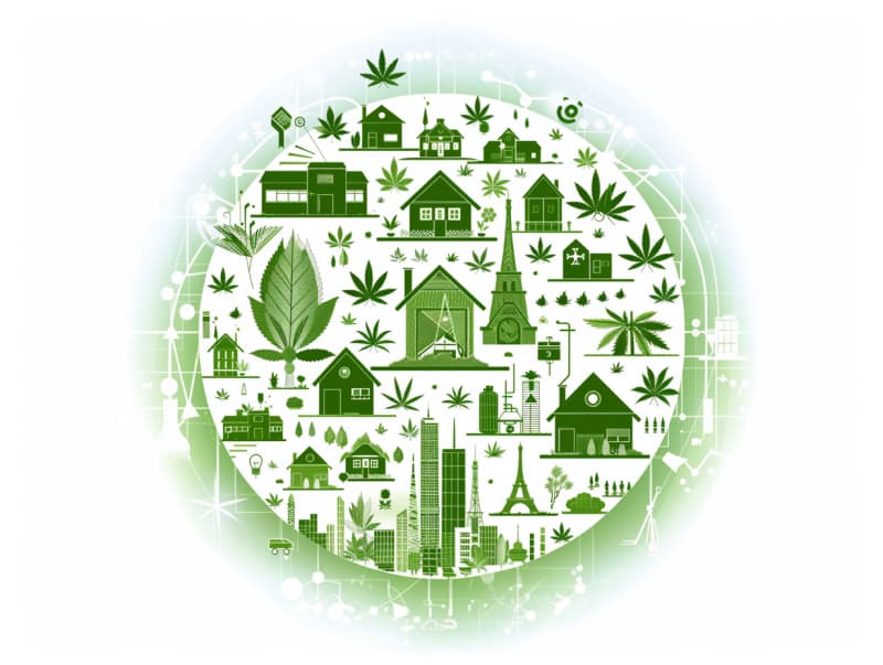 Eine minimalistische, pictografische Darstellung einer Stadt mit Häusern, Menschen und Cannabispflanzen. Es steht für eine Stadt, die dem Cannabisanbau und den Cannabis Social Clubs offen gegenübersteht.