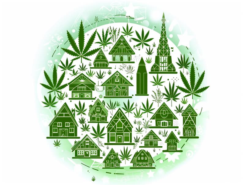 Eine minimalistische, pictografische Darstellung einer Stadt mit Häusern, Menschen und Cannabispflanzen. Es steht für eine Stadt, die dem Cannabisanbau und den Cannabis Social Clubs offen gegenübersteht.